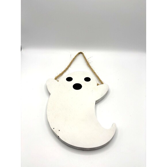 Handcrafted White Hanging Wood Halloween Ghost 11" X 8.75" X .75" - Picture 7 of 7
